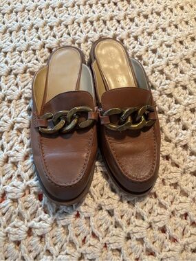 Micheal Kors Brown Leather Chain-Detail Women’s Mules Size 7.5
